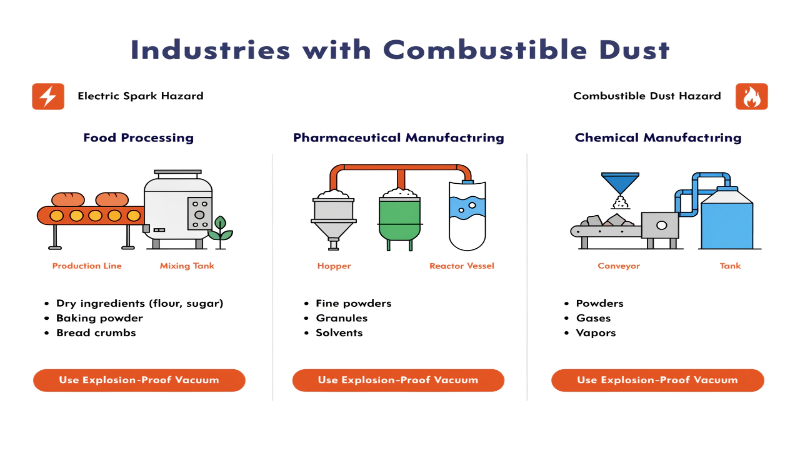 Industries with Combustible Dust A chart showing industries that require explosion proof vacuums
