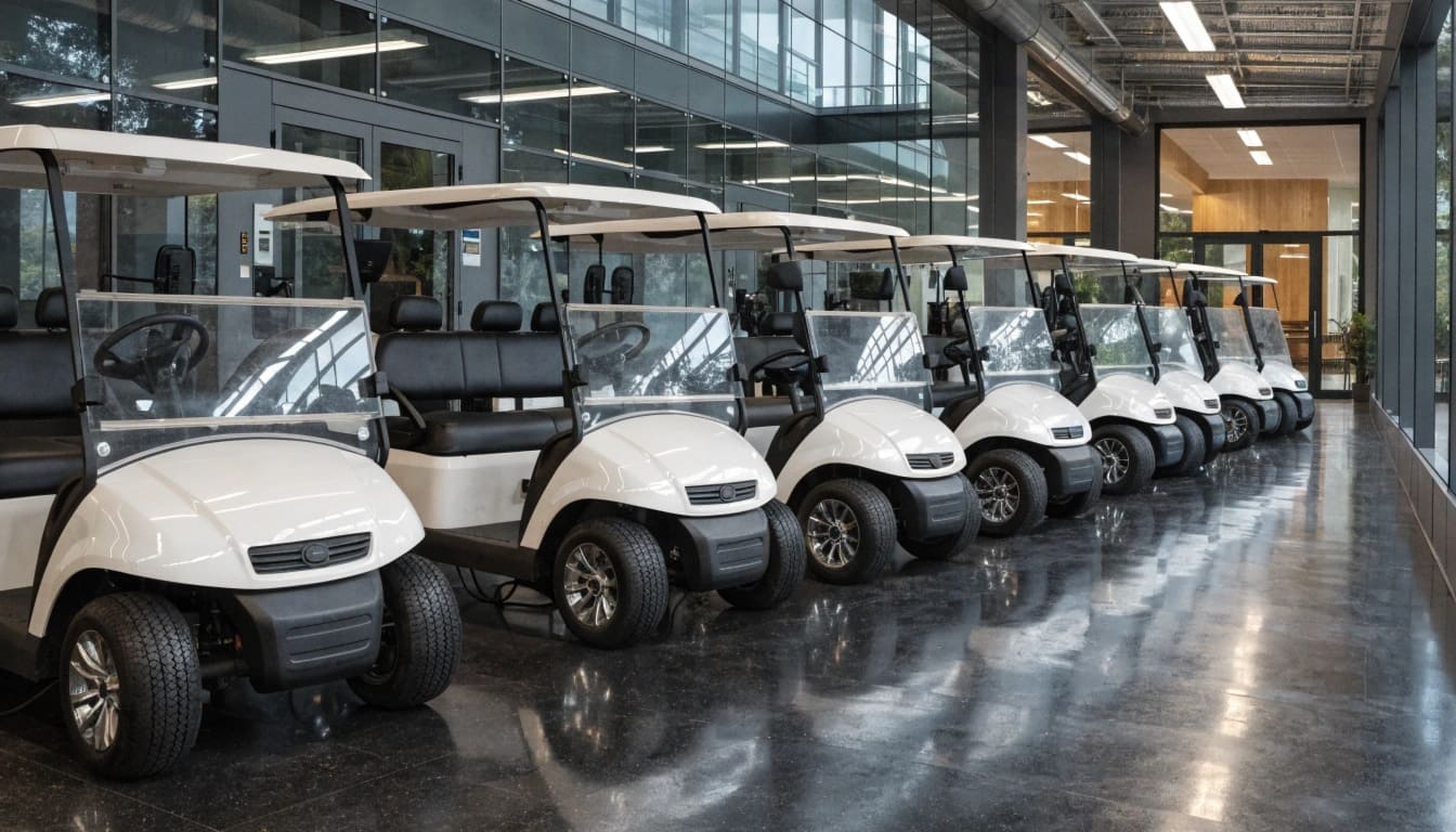 A fleet of golf carts lined up and charging