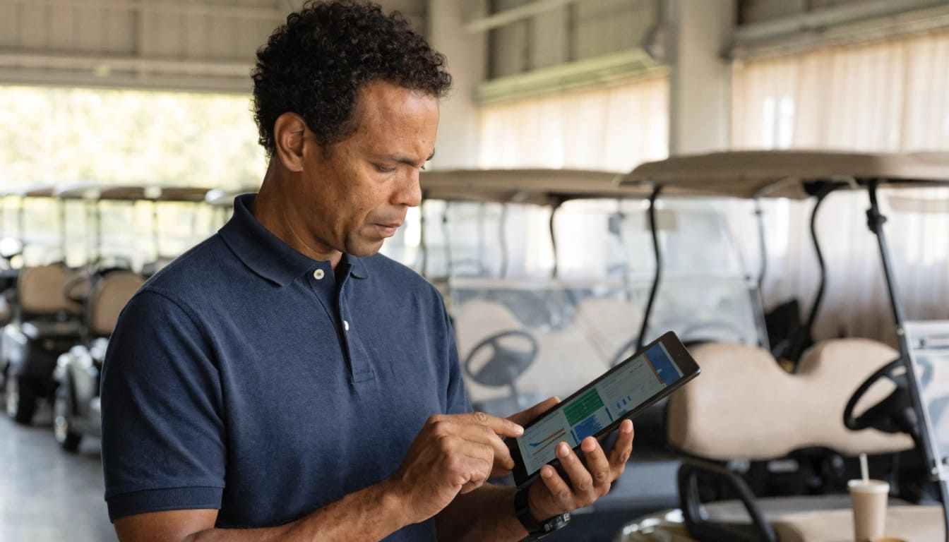 A fleet manager reviewing maintenance costs on a tablet