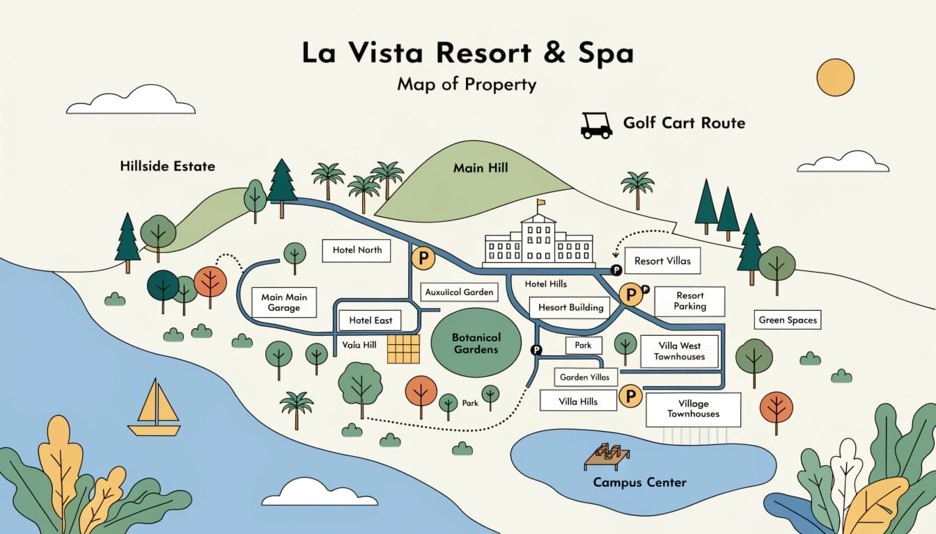 A map showing the routes and terrain of a large property