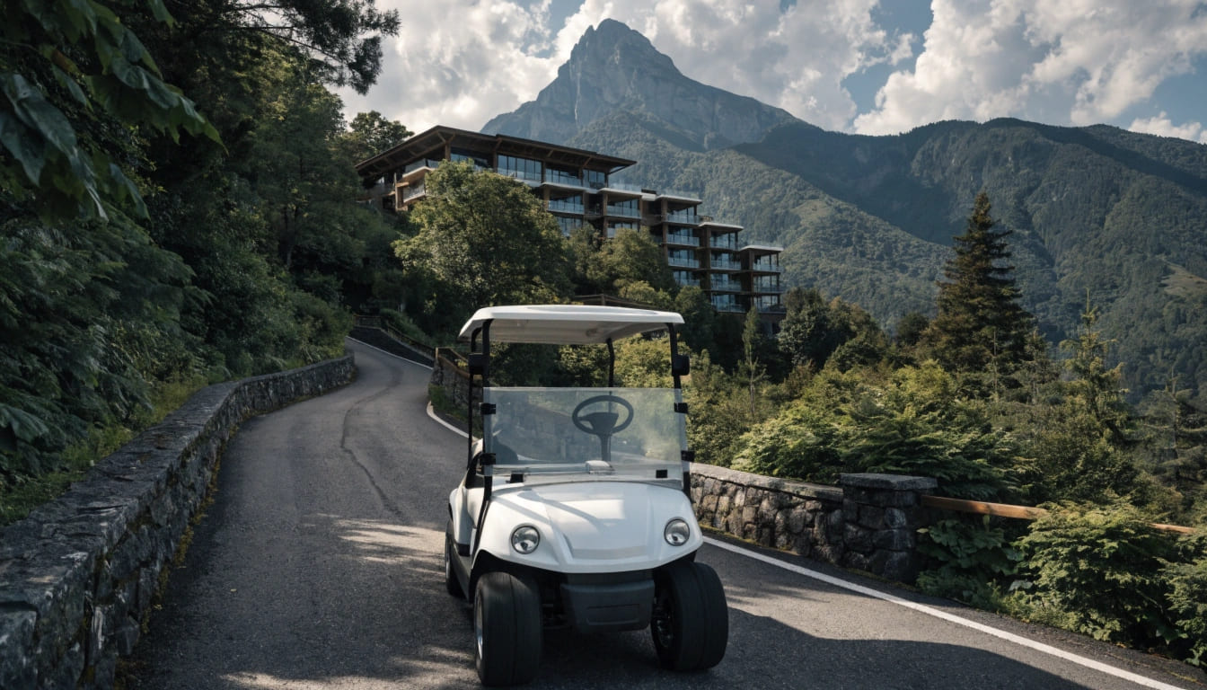 Golf cart climbing a steep hill at a resort