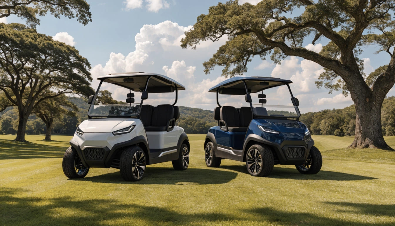 A 48V and a 72V golf cart side-by-side on a golf course