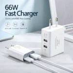66W fast charger featuring dual USB ports and European plug, designed for efficient quick charging, displayed on a table with text overlay.