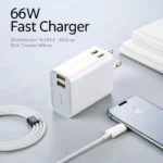 66W fast charger beside a smartphone and cable, showcasing two USB ports and sleek design on a light surface.