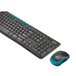 Logitech black keyboard with blue multimedia keys and matching black and blue mouse against a white background.