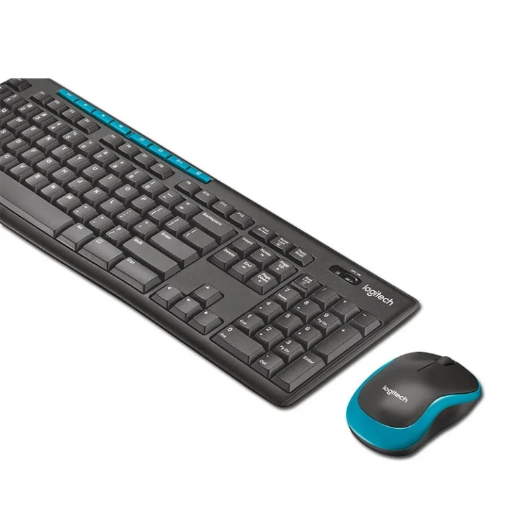 Logitech black keyboard with blue multimedia keys and matching black and blue mouse against a white background.