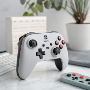 Silver wireless controller with red buttons on a desk, next to a smaller remote controller and a keyboard, against a modern decor backdrop.