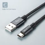 Close-up of black braided USB to Type-C cable on grey background with e-commerce branding.